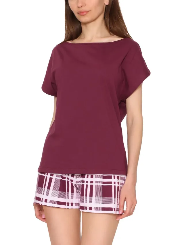 Merry Style Dames Pyjama - Korte mouwen - Korte broek - Katoen – Wijn rood/geruit – L - MS-MS10-178-PJ