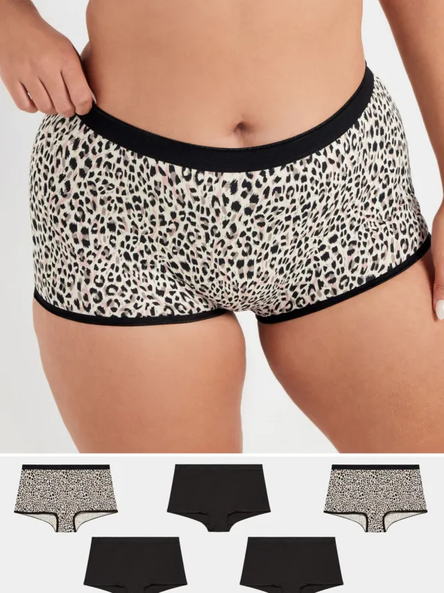 Yours 5 Pack Tailleslips Van Katoenmix Met Dierenprint In Beige/Zwart-56 Brown