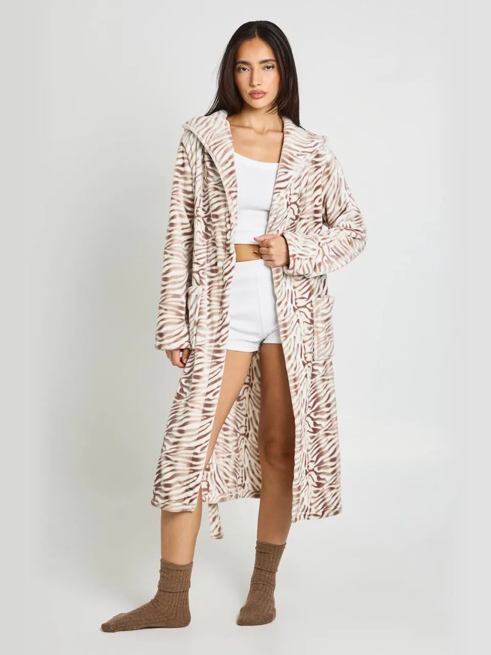 boohoo Dames Fleece Ochtendjas Met Zebraprint En Capuchon Lang Model, foto 3