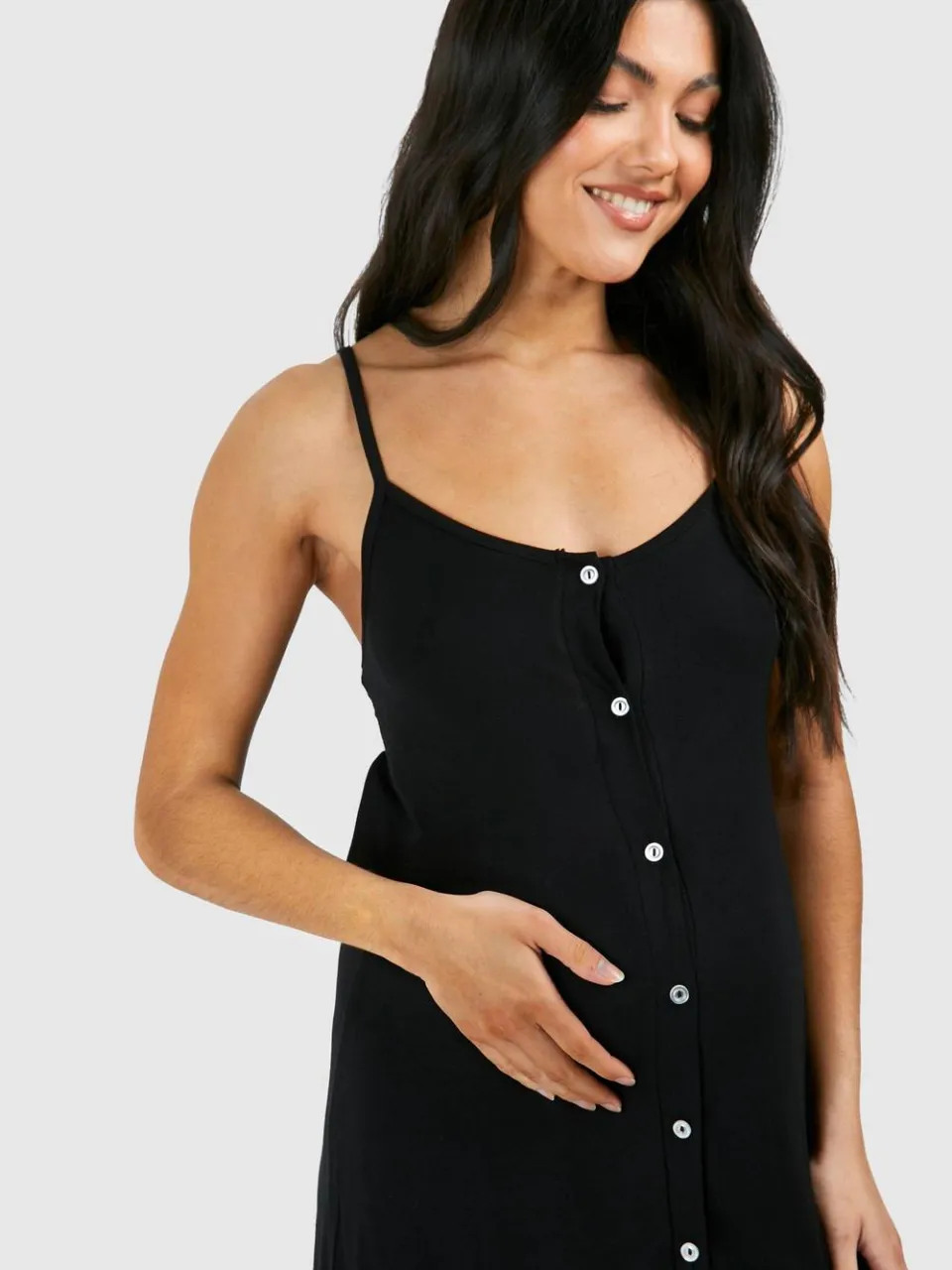 boohoo Dames Zwangerschapsnachtjapon met knopsluiting en bandjes zwart, foto 3