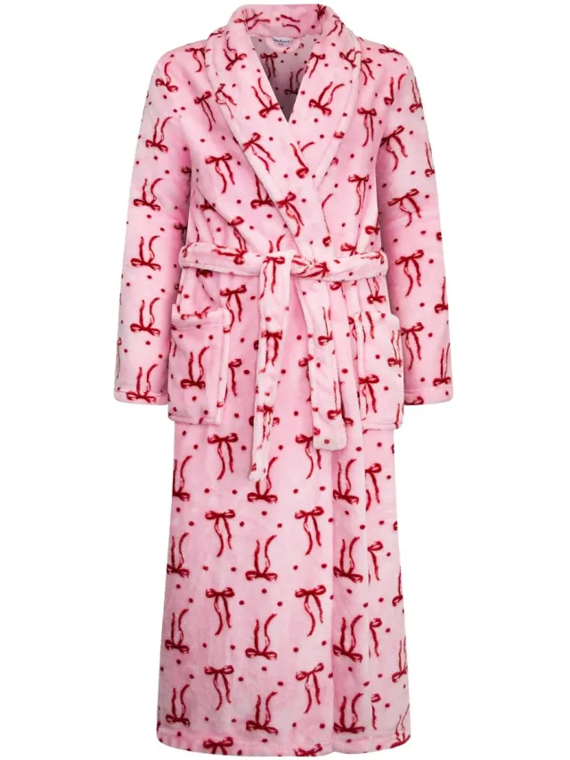 GAUBERT Gaubert Dames Lange Fleece Badjas Met Sjaalkraag – Roze Met Strikjes