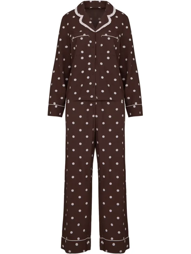 Hunkemöller Pyjama Set Poplin Ruffle Bruin
