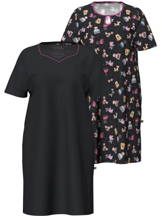 Ulla Popken Dames - Bigshirts set van 2 honden ronde hals/hartvormige hals - Zwart - Maat 54+