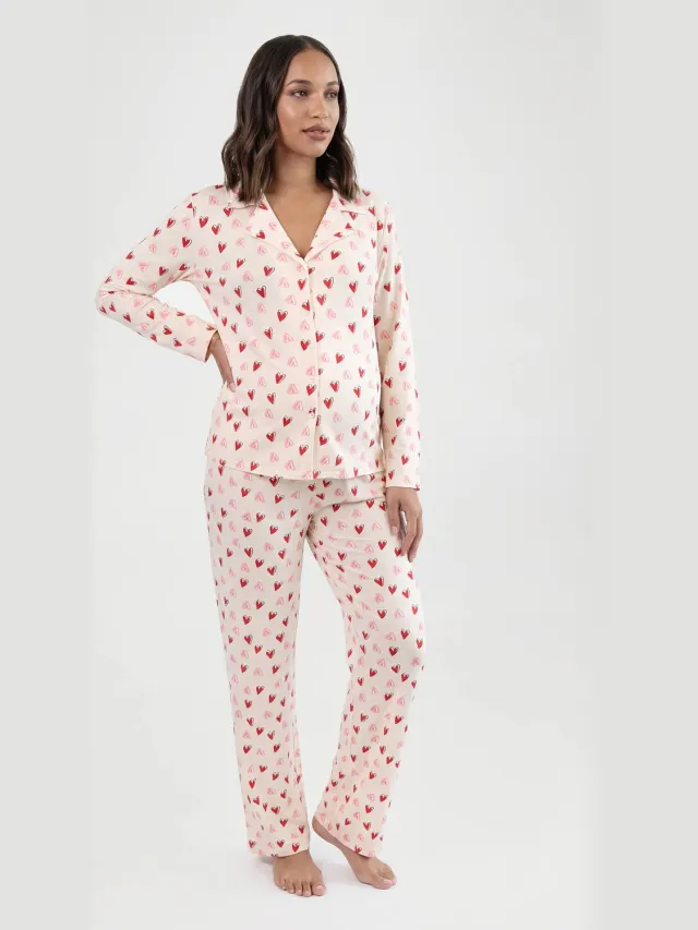 boohoo Dames Zwangerschaps Pyjama Set Met Hartjesprint, Lange Mouwen Shirt & Broek Wit