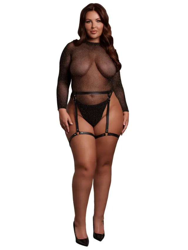 Le Désir by Shots Glanzend Open-Back Bodysuit met PU Leren Kousenbanden - Plus Size - Zwart/Goud Glitter