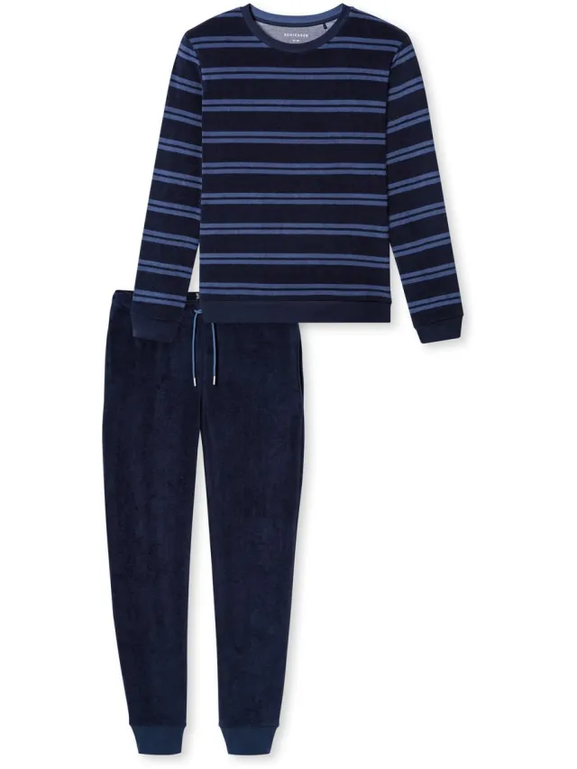 Schiesser Casual Nightwear lange pyjama van frottee met manchetten met streepjes - deepseablue dessin deep sea blue
