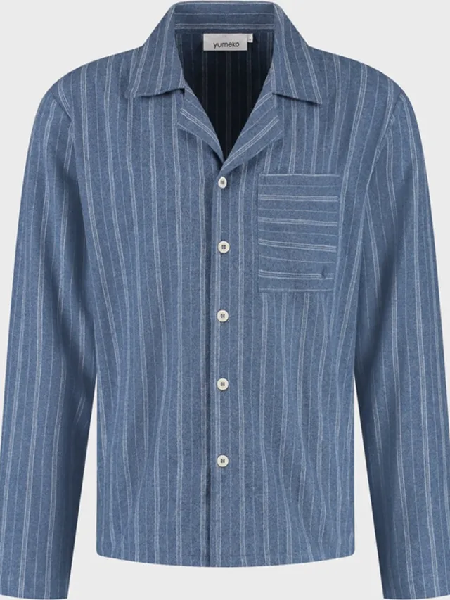 Yumeko pyjamashirt heren flanel denim blauw/wit stripe s Denim Blue-White Stripe