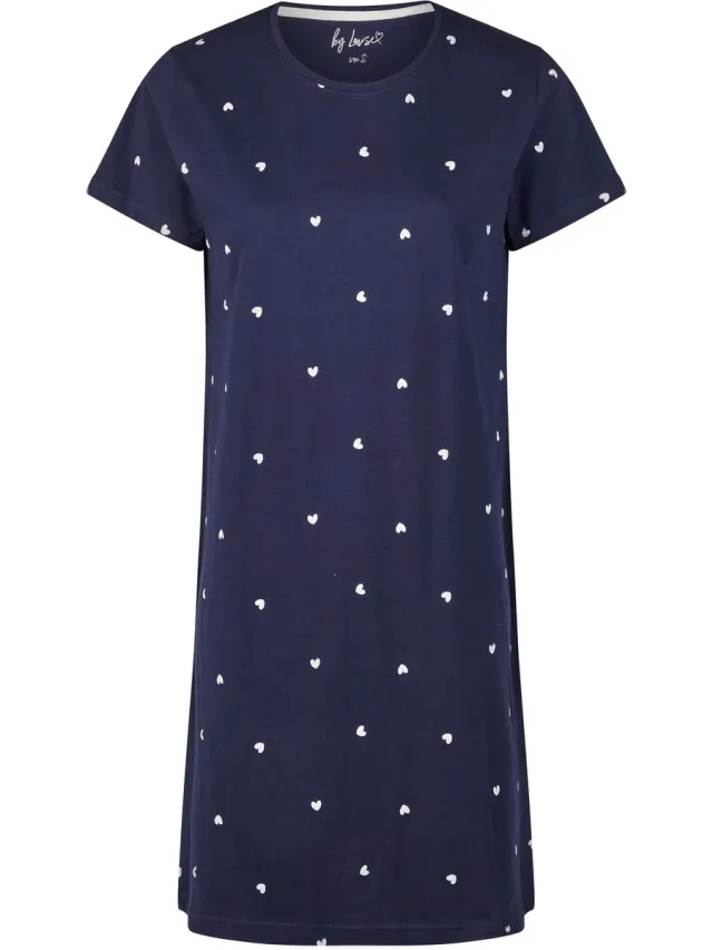 By Louise Dames Nachthemd Korte Mouw Blauw Hartjes Roze