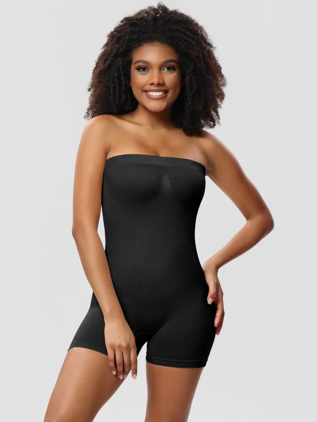 Wclavion Dames volledig vormend lichaamspak - bandeau shapewear - vierkantbroek model - inclusief schouderbanden-Zwart-L