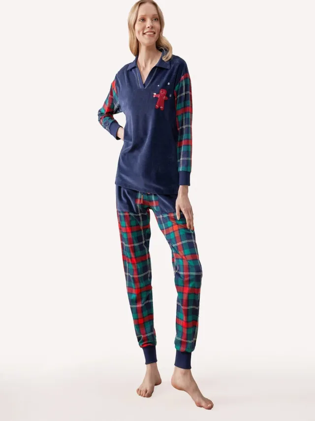 Feyza Pyjama Set Voor Dames, Lange Mouwen Donkerblauw