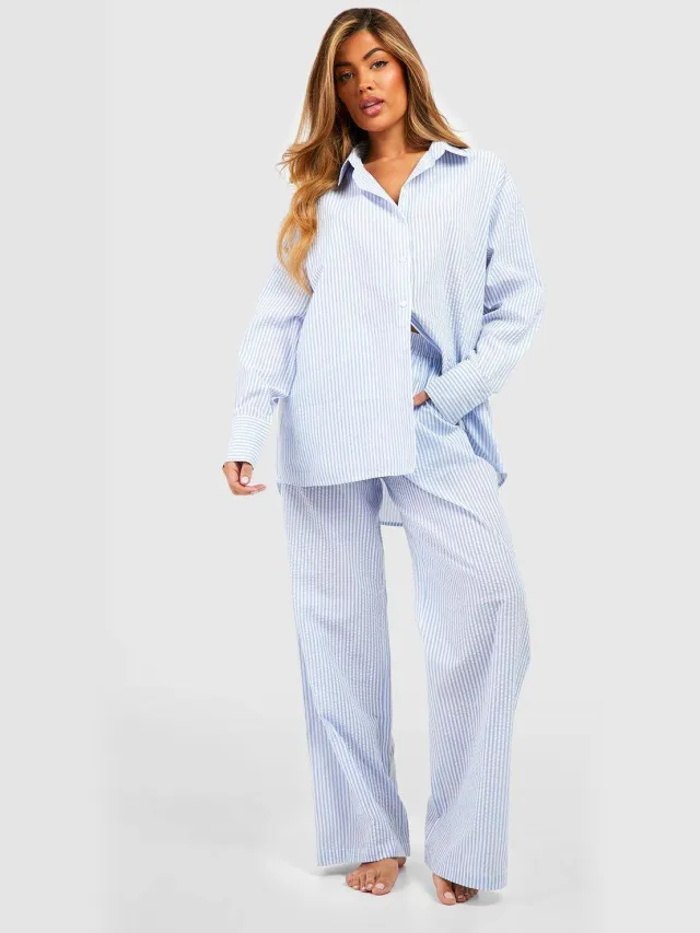boohoo Dames Cotton Pinstripe Pyjama Broek Blauw