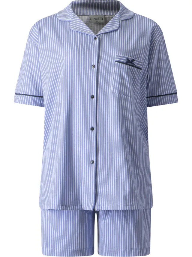 Lunatex dames shortama 124238 - korte pyjama - 100% katoen - blauw Blauw met wit