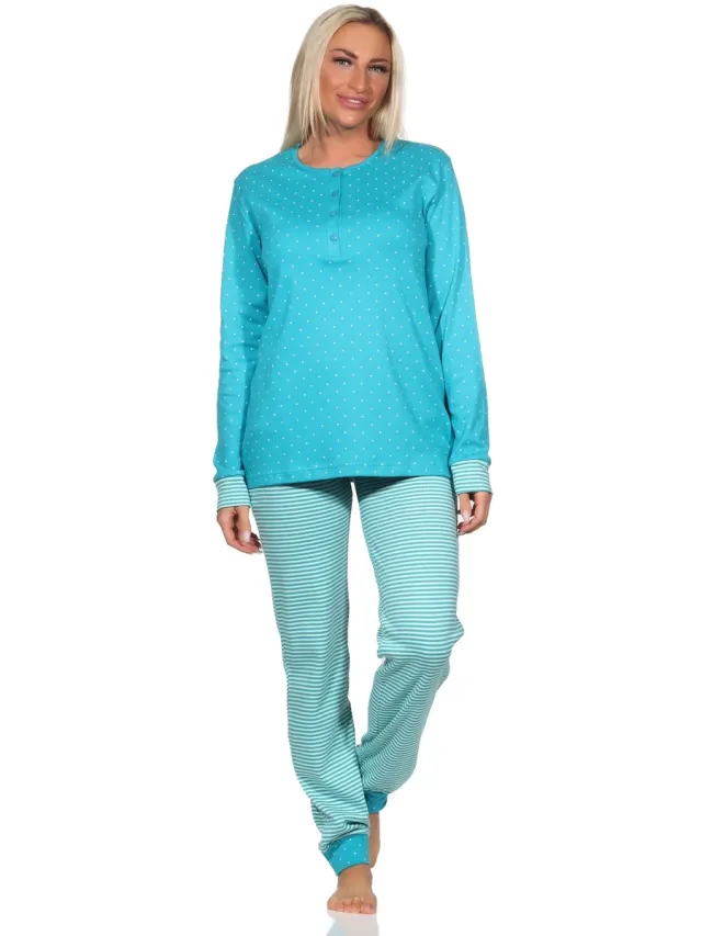 Normann interlock-damespyjama, knusse pyjama met manchetten en knoopsluiting - op mint