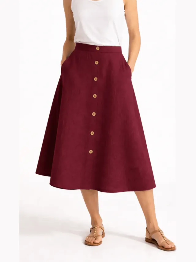 De IONESCU dames vegan Midirok Linnen Bordeaux Donkerrood