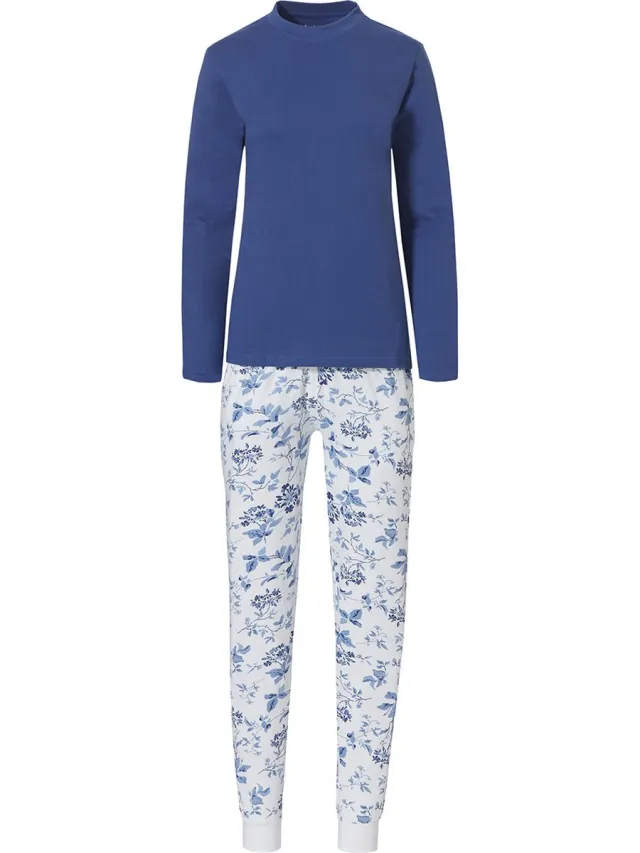 By Louise Dames Pyjama Set Interlock Lange Mouw + Broek Blauw / Wit Blauw, Wit