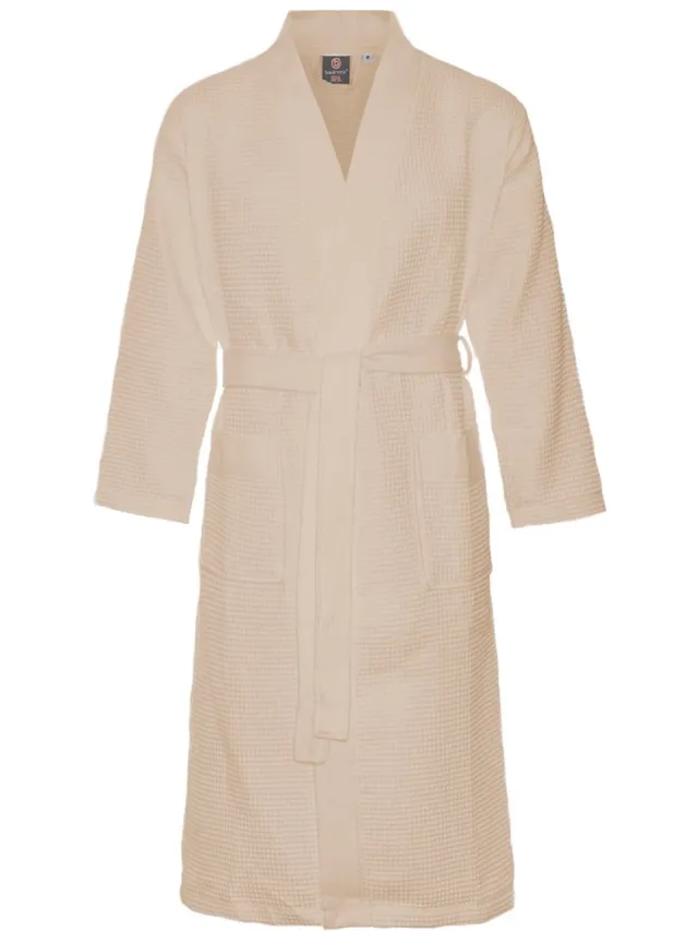 Badrock Sauna badjas wafel - biologisch katoen - beige unisex badjas - wafel kimono - Oeko-Tex - zand - kimono - wafel badjas dames - wafel badjas heren Zandkleur