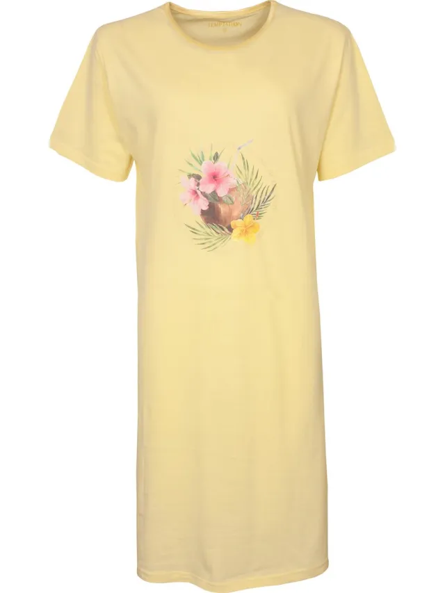 Temptation Dames Nachthemd - Bigshirt - 100% Katoen - Geel