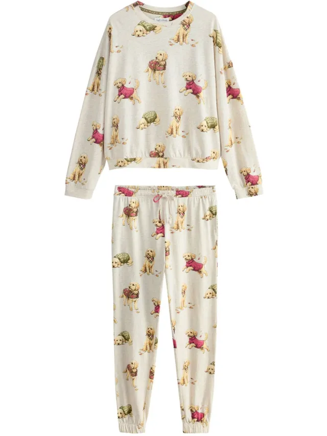 Next Dames - Pyjama met lange mouwen - Tall - Crème Oatmeal Autumnal Charlie The Cockapoo
