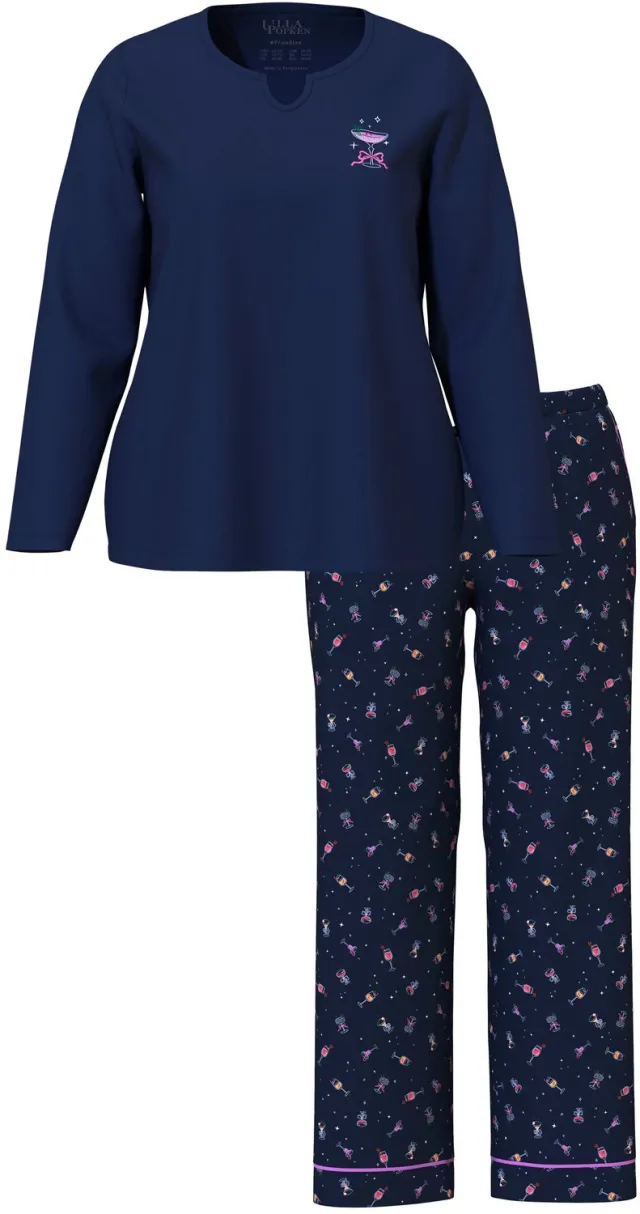 Ulla Popken Dames - Pyjama cocktail tuniekhals lange mouwen - Nachtblauw - Maat 62+