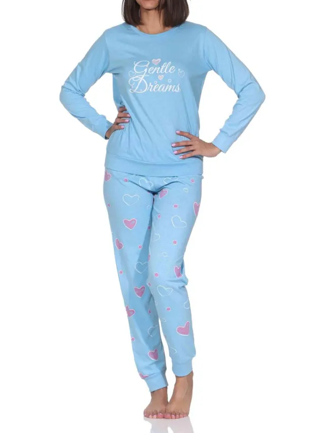 Normann dames pyjama lange mouw in hartjespolkadots look hellblau1