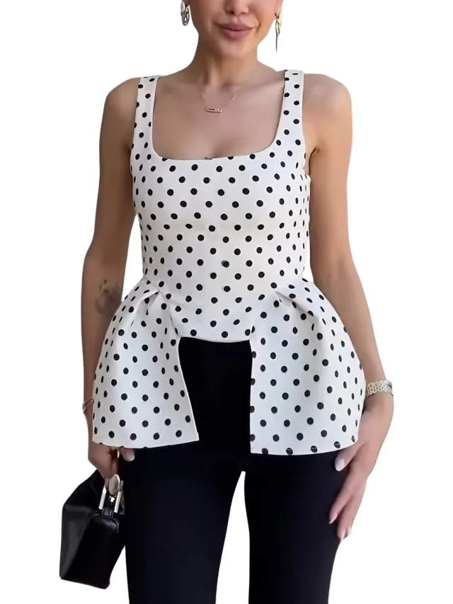 Currero Topje Dames Polkadots - Mouwloze Top - Singlet - Kleding - Shirt - Blouse - Kort - Volwassen - Wit