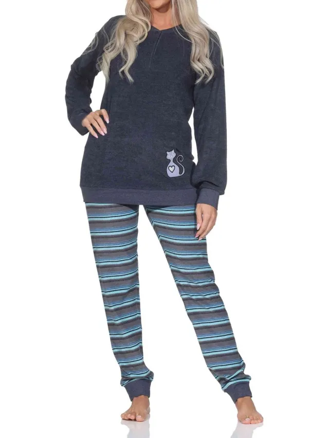 Normann dames badstof pyjama met manchetten + schattig dierenmotief – ook in grote maten blau-mel.