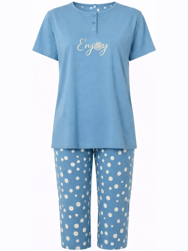 Cocodream Quality Dames Pyjama - Katoen - Zomer - 3/4 broek - Blauw Madelief Blauw, print