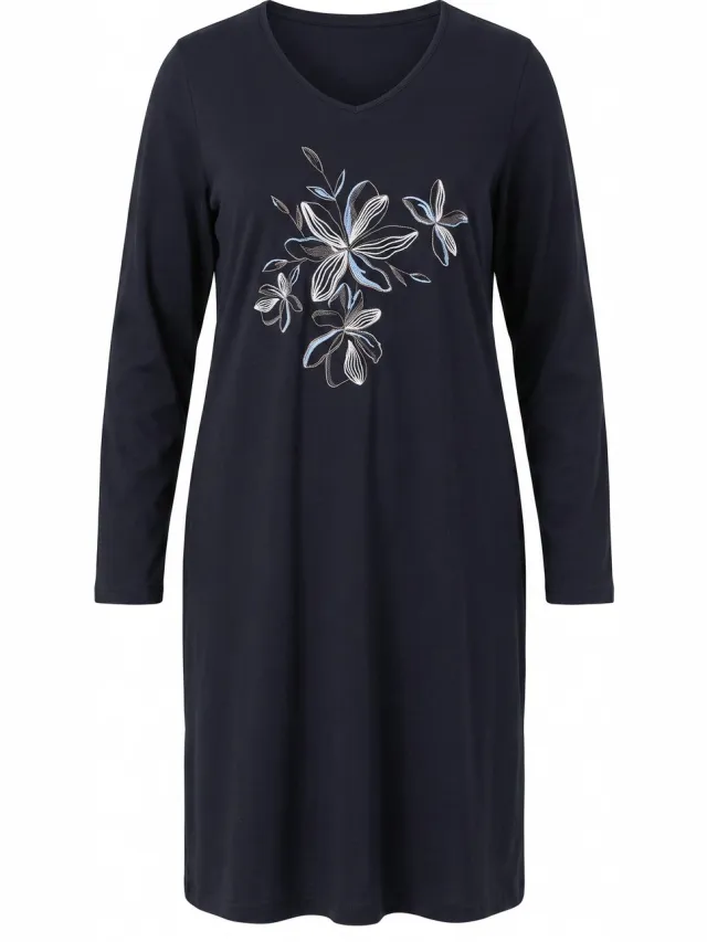 Ulla Popken Dames - Bigshirt bloemen V-hals lange mouwen - Zwart - Maat 42+