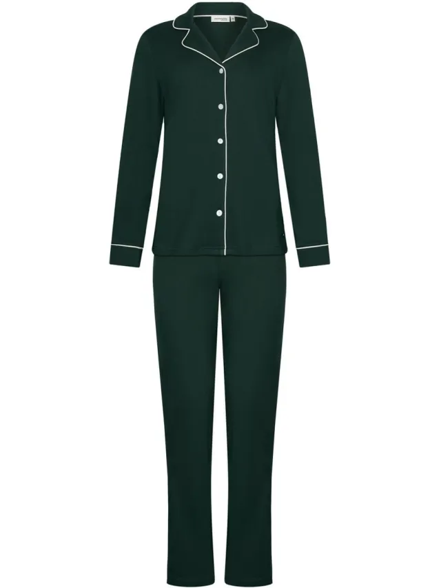 Pastunette Premium - Pyjama - Emerald - Katoen - Interlock - Donkergroen - Doorknoop