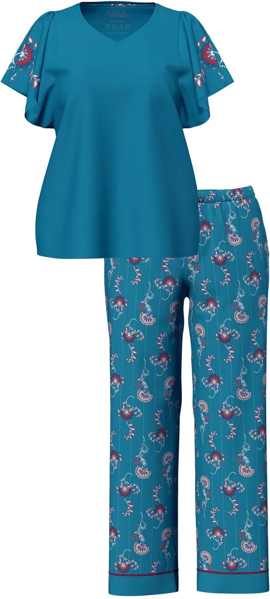Ulla Popken Dames - Pyjama paisleymotief V-hals kapmouwen - Petrol - Maat 46+