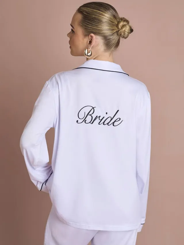 boohoo Dames Bruidspyjama 'bride' Jersey Geborduurd Shirt Met Lange Mouwen & Broek Set Wit