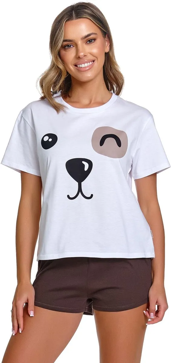 Doctor Nap Katoenen Dames Pyjama - Korte Mouw & Korte Broek - Matching Familie Zomer Shortama - Hondje - PM.7409 Brownie 42 / Wit