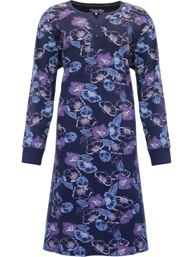 Medaillon Dames Nachthemd - 100% Katoen - Gebloemd - Blauw