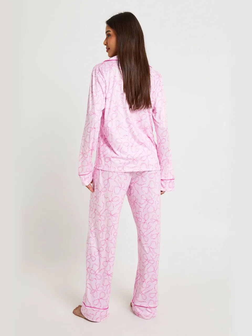 boohoo Dames Pyjama Set Met Strikjesprint Lange Mouwen Shirt & Broek baby roze, foto 2