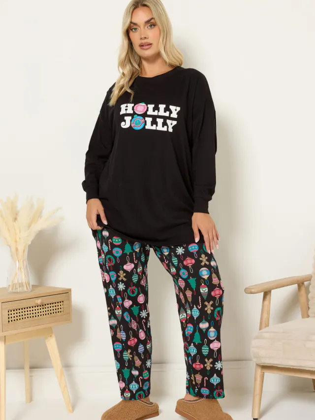 Yours Zwarte 'Holly Jolly' Wijde Pyjamaset-48 Black