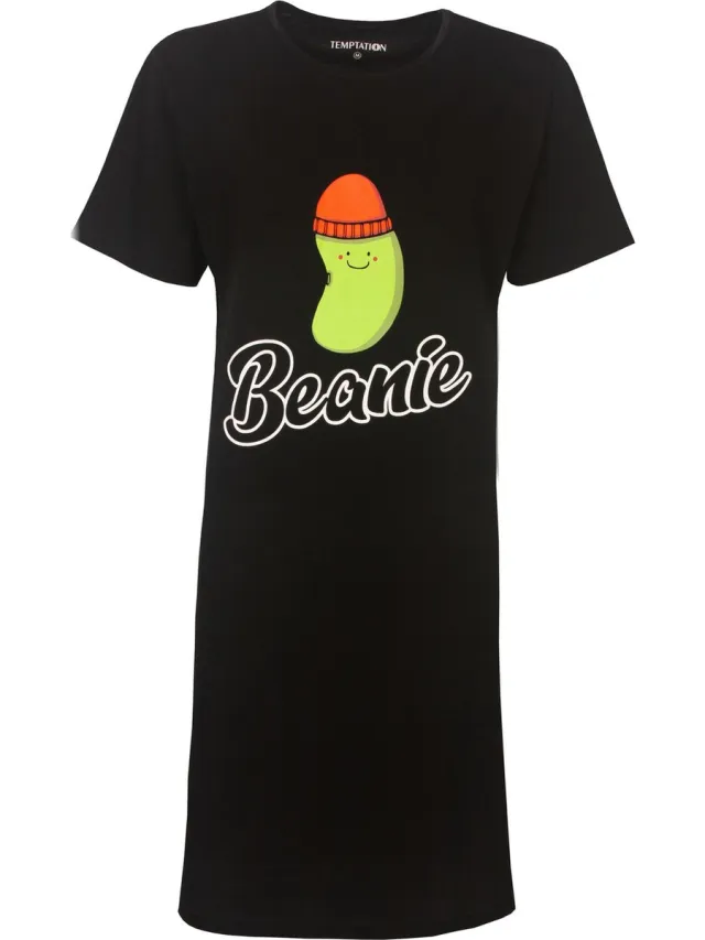 Temptation Dames Nachthemd - Bigshirt - Beanie Print - Zwart