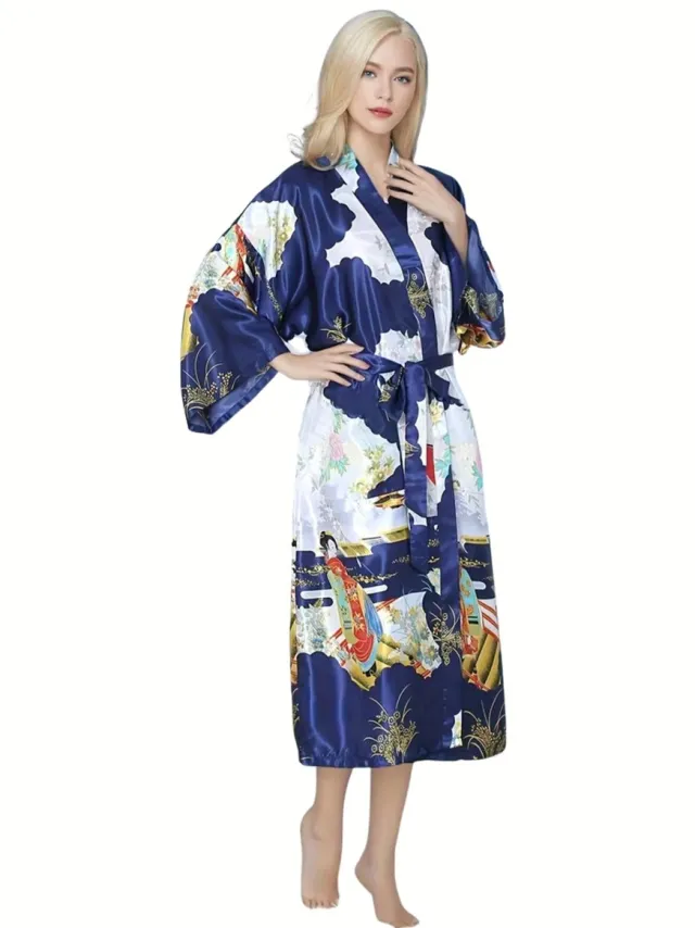 Currero Satijnen Badjas Dames - Kimono - Kamerjas - Satijn - Ochtendjas - Duster - Pyjama - Marineblauw Marineblauw Een maat