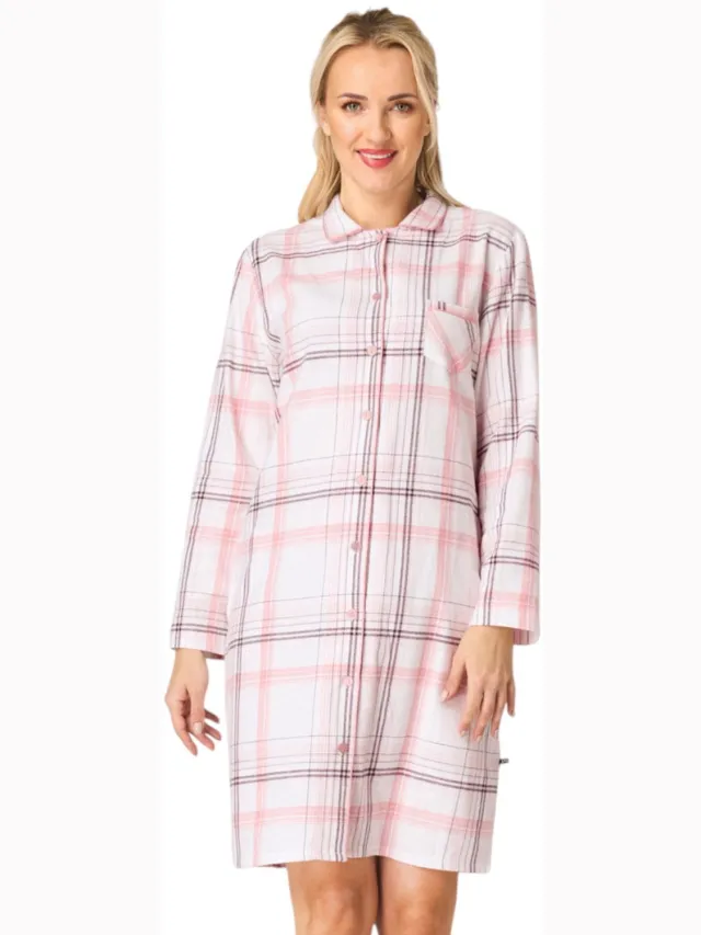 Key Flanellen Nachthemd Dames Doorknoopmodel Lange Mouw Roze Ruit LND 415 42 /