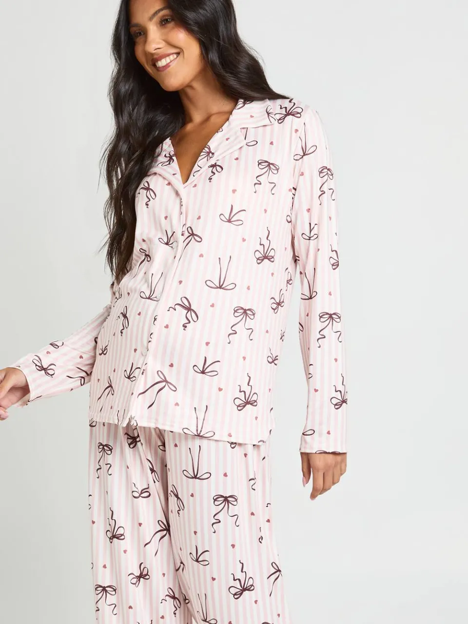 boohoo Dames Zwangerschaps Pyjama Set Met Strikprint En Lange Mouwen - Shirt & Broek baby roze, foto 3