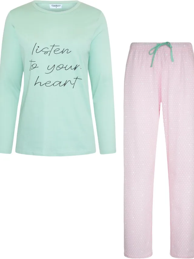 GAUBERT Essential Dames Pyjama Lange Mouw - Broek met Zakken - Premium Gekamd Katoen - Listen to your Heart - Mintgroen - GB-2802 Lange Mouw Pyjama, Mintgroen, Listen to your Heart