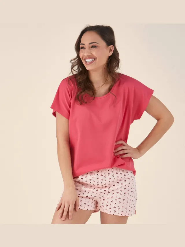 Little Label dames pyjama kort - roze kersjes-44 - extra zachte bio-katoen