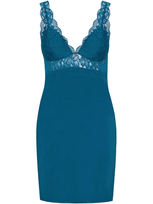 ESOTIQ Liset - Damesnachthemd - V-hals - Kanten rug blauw