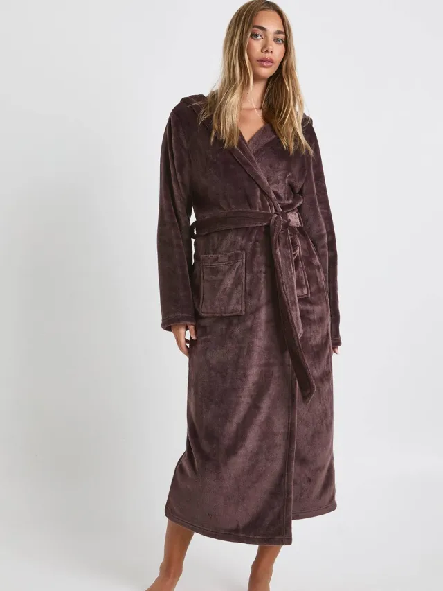boohoo Dames Maxi Fleece Kapmantel-huisjas Chocoladebruin