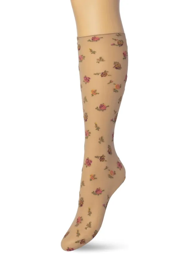 Bonnie Doon Dames Panty Kniekousen met Bloemen Rood/Roze - Gebloemde Knie Kousen - Luxe Knie Sokken - Uitstekend draagcomfort - English Flower Knee High - Kniesokken - Romantisch - Zakt niet af - Bordeaux - BP211502.155