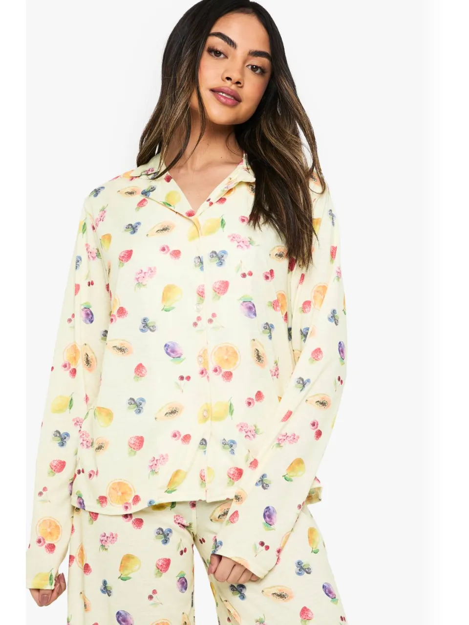 boohoo Dames Gemengde Fruit Print Lange Mouw Shirt & Broek Pyjamaset citroen, foto 4