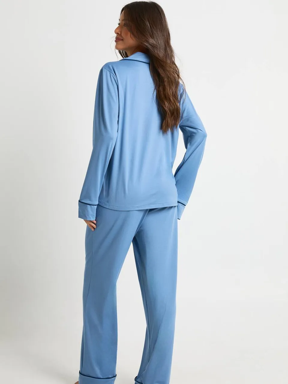 boohoo Dames Jersey Pyjama Set met Paspeldetail - Shirt met Lange Mouwen & Broek stoffig blauw, foto 2