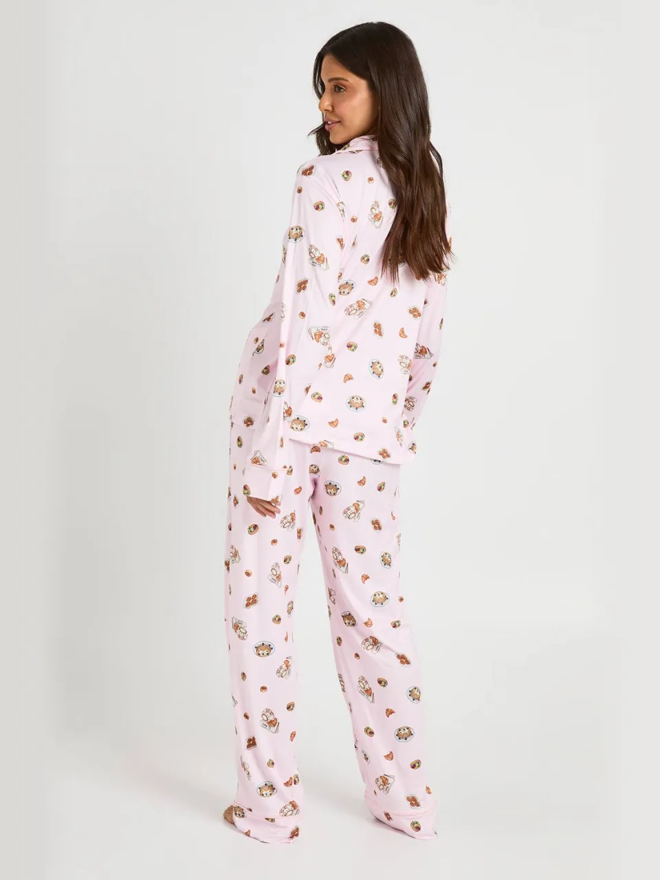boohoo Dames Pyjama Set Met Ontbijtprint, Paspeldetail, Lange Mouwen En Broek baby roze, foto 2