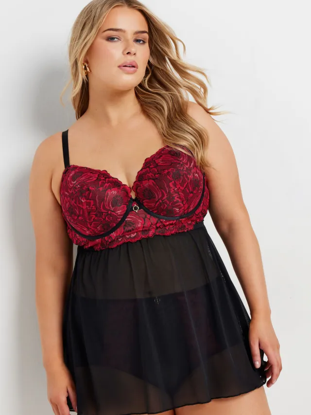 Yours Voorgevormde Babydoll Met Bloemenkant En Beugel In Rood/Zwart, foto 3