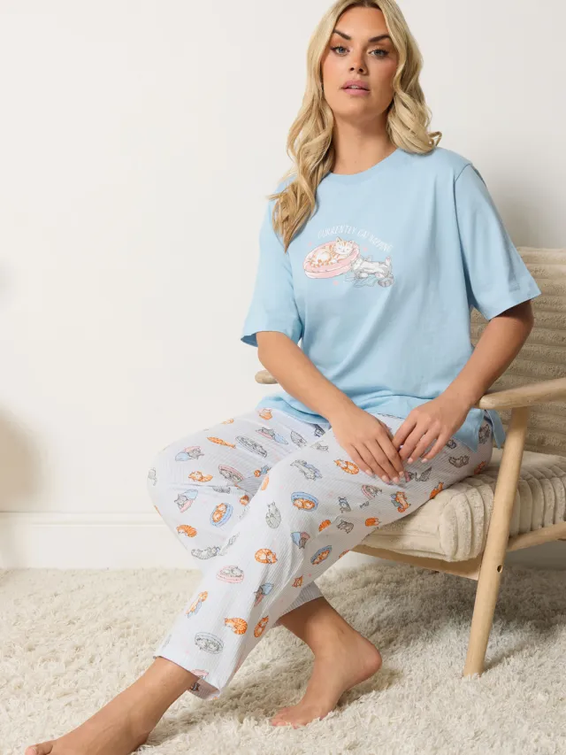 Yours Blauwe Pyjamaset Met Wijde Pijpen En 'Currently Cat Napping' Met Opschrift-44 Blue