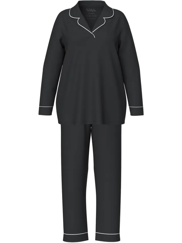 Ulla Popken Dames - Pyjama fraaie paspels V-hals lange mouwen - Zwart - Maat 46+